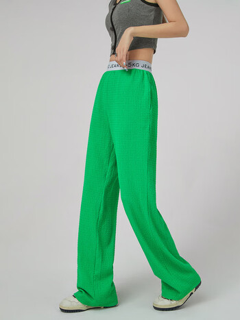 高腰拼接褶皱休闲裤女2022年夏季新款设计感个性阔腿运动裤子 绿色 m