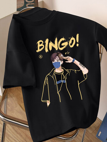 短袖夏季青少年学生宽松大码潮流ins休闲透气半截袖t恤 黑/bingo男孩