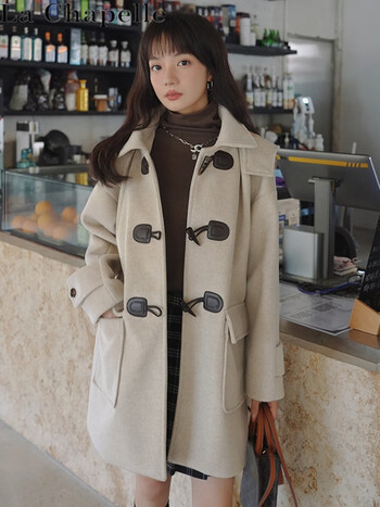 拉夏贝尔专柜韩版牛角扣小个子毛呢外套女22年秋冬新款英伦风感呢子
