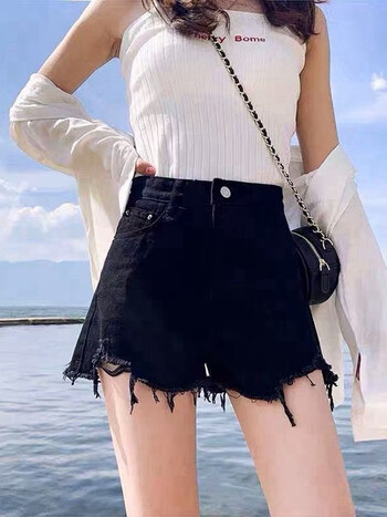 ckryzins新款破洞牛仔短裤女夏韩版高腰显瘦百搭外穿网红毛边a字热裤