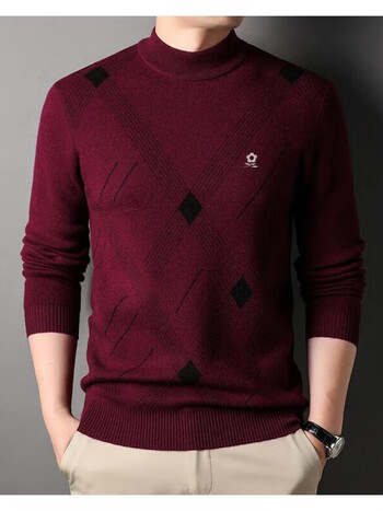 羊绒衫冬季中年男士纯羊毛衫半高领加厚爸爸本命年毛衣红色酒红