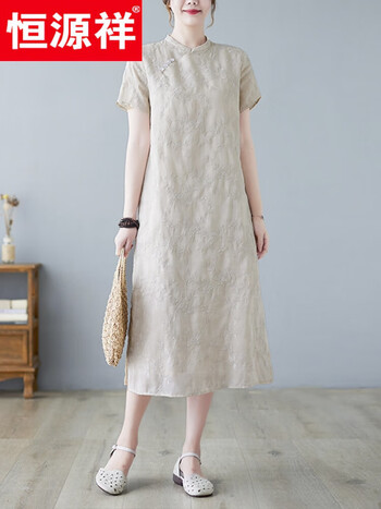 恒源祥棉麻连衣裙女装2024夏新款中式高端国风旗袍亚麻苎麻中年妈图片