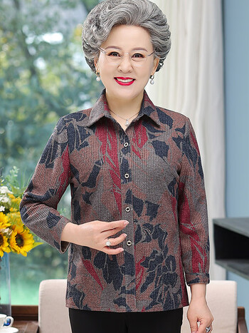 榄舍女装奶奶装秋装衬衫老人衣服6070岁妈妈春秋长袖老太太上衣老年人