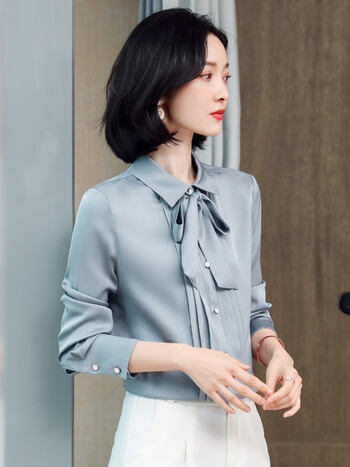 真丝衬衫女长袖春秋季新款设计感小众高端桑蚕丝上衣衬衣女装蓝色m