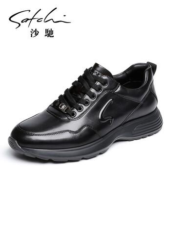 沙驰男鞋厚底增高鞋男百搭休闲皮鞋户外休闲鞋962262124z黑灰色43
