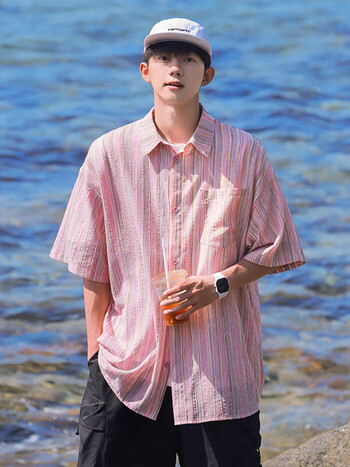 魄克短袖衬衫男生24春夏季新款港风潮牌条纹衬衣青少年宽松百搭上衣服