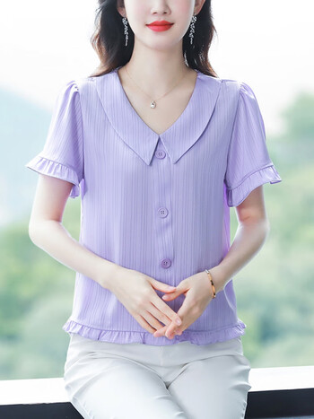 艾格娃娃领减龄短袖衬衫女士夏季2023新款洋气女夏装遮肚上衣夏天紫色