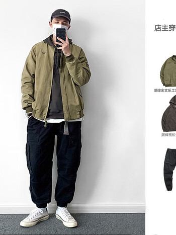搭配日系工装外套男秋季休闲宽松夹克套装潮牌余文乐同款防风飞行服