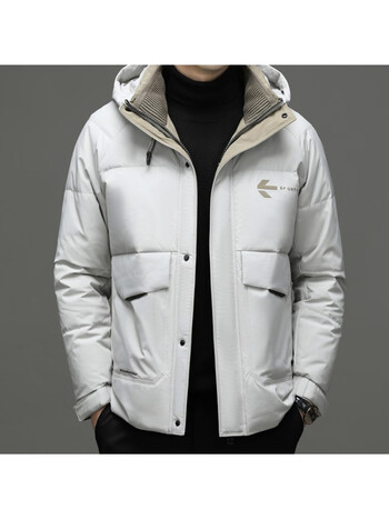 连帽羽绒服男加厚保暖防风冬季面包外套短款 米白色 185/96a