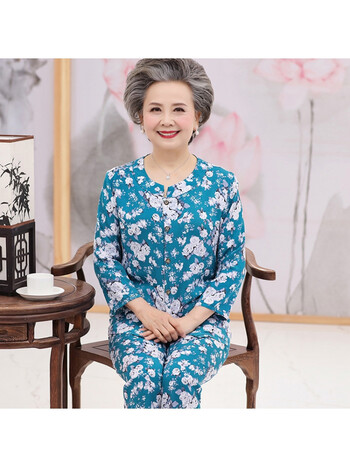 夕夫人新款中老年人睡衣女纯棉绸长袖开衫春秋妈妈奶奶大码女家居服两