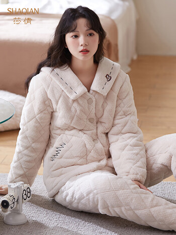 莎倩莎倩睡衣女冬季三层夹棉袄加绒加厚珊瑚绒家居服女士冬款保暖套装