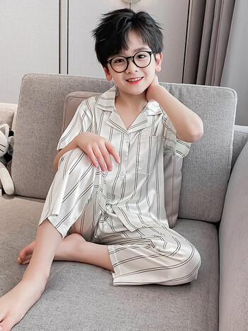 316岁男童睡衣夏季薄款中大儿童冰丝家居服夏天小孩短袖空调服长裤
