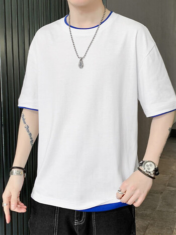 牧羊驰男士短袖t恤夏季纯棉纯色假两件上衣宽松休闲百搭体恤衫白色m