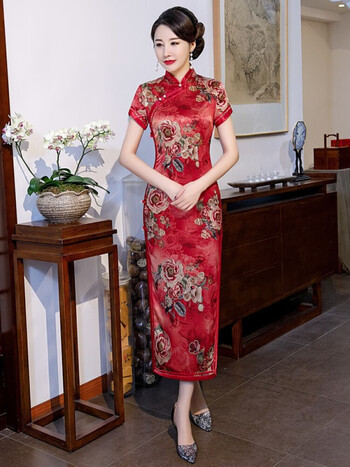 旗袍女夏季新款改良时尚端庄大气丝绸旗袍连衣裙走秀旗袍长款红色xxxl