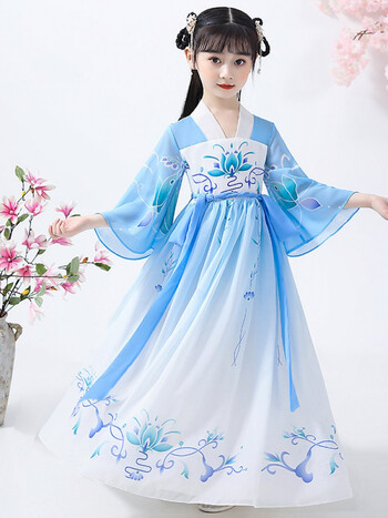 古装仙女裙中国风唐装春秋新款齐腰洋气公主襦裙莲花汉服头花眉心贴