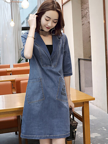 连衣裙女牛仔修身春秋季新款印花字母牛仔韩版中长款五分加码牛仔裙m