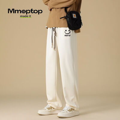 杏色运动裤子配什么上衣好看(MMOPTOP印花宽松长裤杏色XL男士运动裤质量烂不烂)-图片1