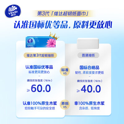 维达（Vinda）抽纸 超韧韧性升级3层真S码  卫生纸餐巾纸擦手纸面巾纸 超市同款 商超同款 3层 100抽*18包 提装