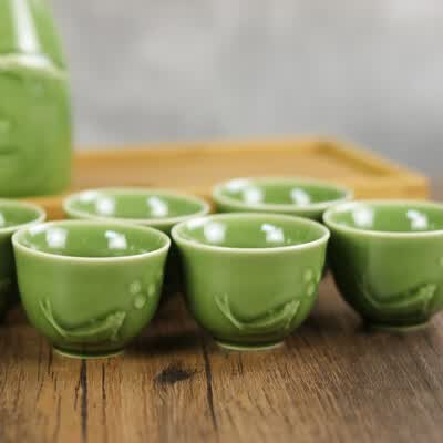 乾唐轩 双鱼酒器 耀州绿 壶230ml  杯50ml （1壶6杯）  