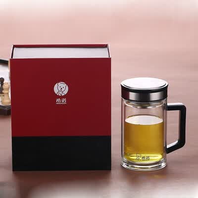 希诺 双层玻璃杯带手柄商务高档办公室泡茶杯过滤网透明杯 XN-7006 