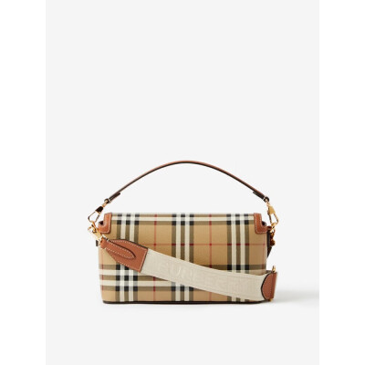 博柏利（BURBERRY）【礼物】女包 格纹拼皮革顶部提柄 Note 手提包