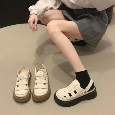 高级感厚底罗马凉鞋女夏季两穿包头半拖2025新款沙滩凉拖鞋洞洞鞋