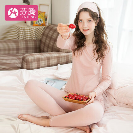 芬腾 保暖内衣女士套装修身圆领少女棉毛衫长袖长裤打底衫 藕粉 XL