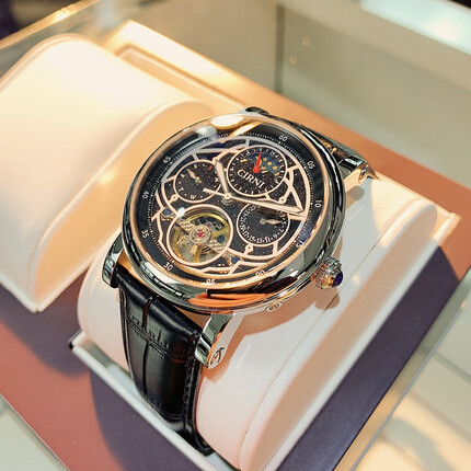 西亚尼手表男机械表镂空飞轮多功能全自动时尚防水男士十大品牌腕表 黑面黑皮CI.6013M星空 飞轮款 CIRNI