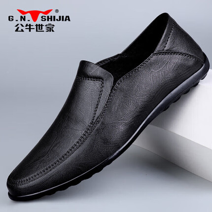 公牛世家豆豆鞋男鞋英伦时尚男士休闲鞋软皮软底懒人一脚蹬鞋子男 黑色 42(标准皮鞋码） 