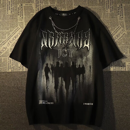 迪伽达短袖男装2023新款潮流美式个性重磅带项链宽松休闲圆领T恤男士 BNGYL-B14黑色 XL