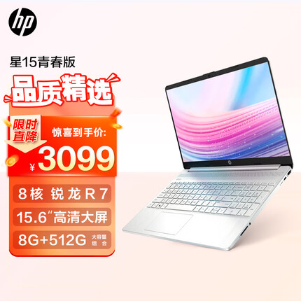 惠普星15青春版 15.6英寸大屏轻薄笔记本电脑(8核锐龙R7处理器 8G 512G 银)