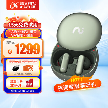 科大讯飞（iFLYTEK）录音降噪会议耳机Nano+ 沁光绿 无线蓝牙耳机 主动降噪 入耳式 超长续航 录音转文字 苹果华为通用