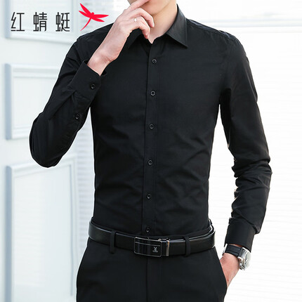 红蜻蜓(RED DRAGONFLY)衬衫男2023春季长袖打底衬衣纯色商务休闲百搭男装上衣 黑色 2XL