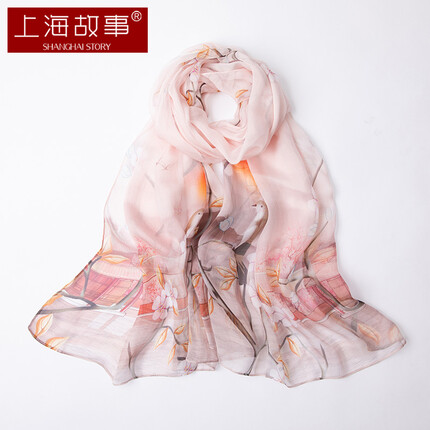 上海故事真丝丝巾女纱巾100%桑蚕丝春夏送妈妈节日围巾礼盒 香雪粉