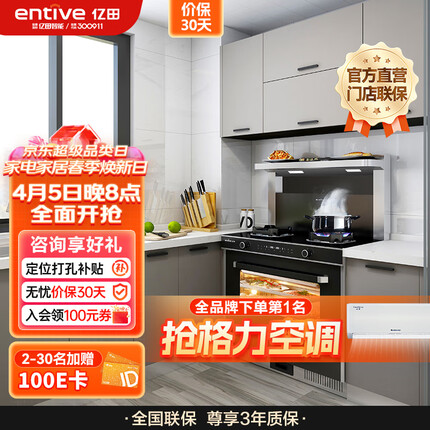 亿田（entive）集成灶 D2Z集成蒸箱一体灶 17.5立方大风力 集成灶一体灶家用 钢化玻璃台面 天然气