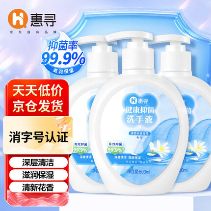 惠寻 京东自有品牌 健康抑菌洗手液滋润500ml*3瓶 抑菌99.9% 一冲即净