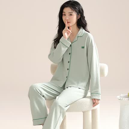 洁丽雅睡衣女家居服女100%纯棉秋冬睡衣翻领长袖舒适女套装 简裔翠绿 L