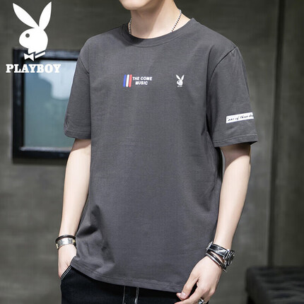花花公子（PLAYBOY）短袖T恤男潮流2023夏季男士体恤打底衫圆领上衣男装 灰色 XL 