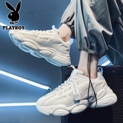 花花公子(PLAYBOY)老爹鞋男鞋2023秋冬季鞋子男士休闲鞋男厚底增高运动鞋 白色 42