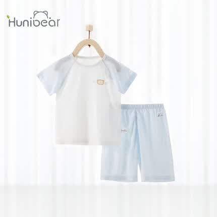 欢喜小熊 宝宝短袖套装夏季新款透气T恤短裤两件套薄款家居服夏装婴儿衣服 蓝色 90码(建议18-24个月身高80-90cm)