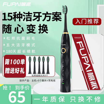 福派（Fupai）电动牙刷成人 软毛防水全自动声波充电式牙刷 男士女士情侣款 性价比优选-15档随心变换【黑】