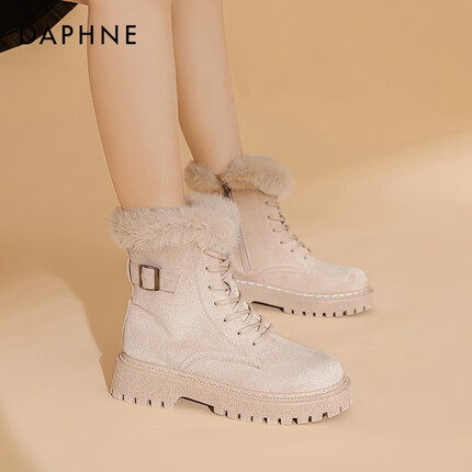 达芙妮（DAPHNE）雪地靴女2023年新款冬季加绒马丁靴英伦风保暖防滑靴子女 暖心杏色 40