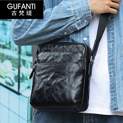 古梵缇斜挎包男 头层牛皮单肩包男轻便百搭挎包潮流男士休闲斜挎包男包 gftx-50 黑色 植鞣皮手抓纹