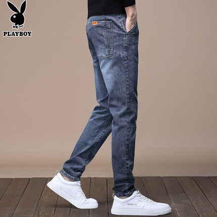花花公子牛仔裤男潮流春夏季休闲裤子男士宽松商务直筒百搭长裤 蓝灰 32（PLAYBOY）
