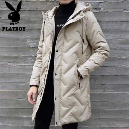 花花公子(PLAYBOY)羽绒服男中长款冬季韩版修身保暖休闲男士轻薄羽绒外套 杏色 L