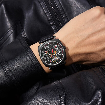 西亚尼男士手表全自动机械表镂空男款商务表潮流防水个性时尚运动腕表 黑壳红针 CIRNI