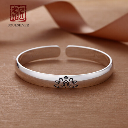 老银匠999足银手镯女光面莲花做旧开口女士银手镯 莲心盛放开口手镯约28g 开口可调节