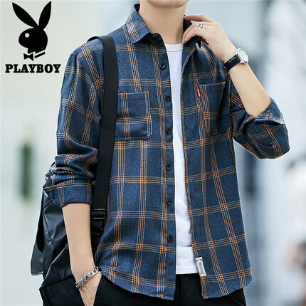 花花公子（PLAYBOY）长袖衬衫男宽松春季潮流格子衬衫男士休闲衬衣外套 黄色 XL 