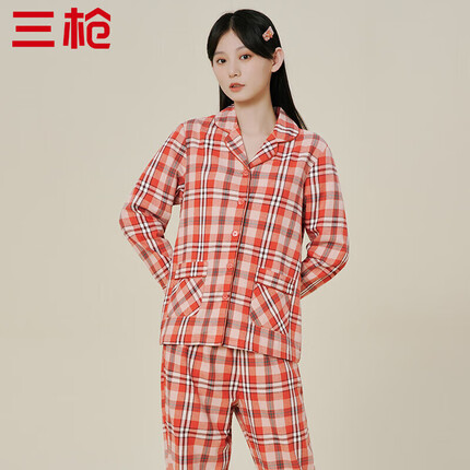 三枪睡衣女纯棉绒布翻领舒适开襟经典格纹情侣家居套装 暖桔格2XL