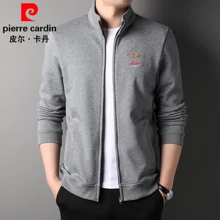 皮尔卡丹(pierre cardin)卫衣男春秋季薄款100%纯棉立领拉链开衫运动上衣中青年休闲外套男